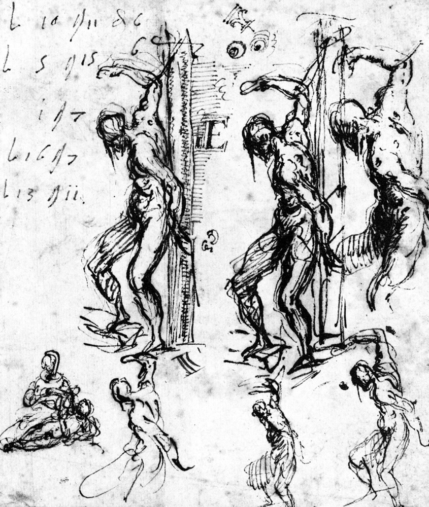 Titian, sheet of pen studies for Saint Sebastian, multiple poses of the bound figure
