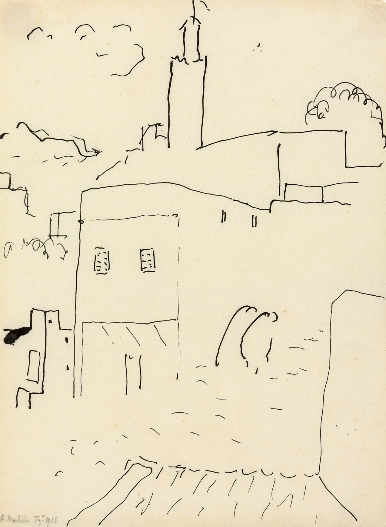Henri Matisse, pen and ink sketch of a rooftop with a minaret in the Tangier medina, from his 1912–13 Moroccan sketchbooks