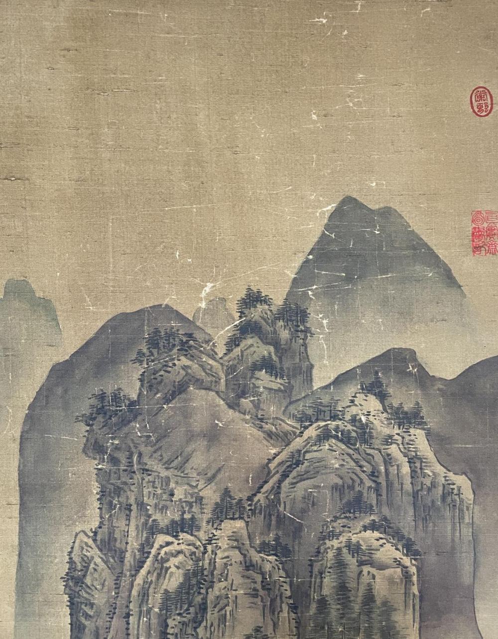 Fan Kuan, landscape painting on silk scroll, Song dynasty, showing monumental mountain composition with atmospheric depth through mist and tonal gradation