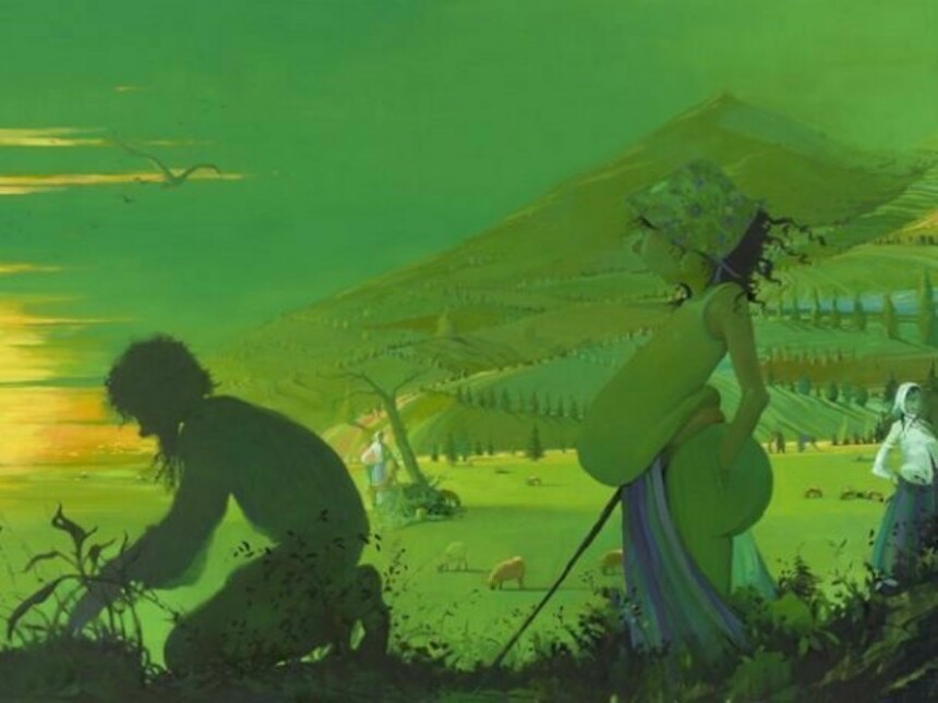 Lisa Yuskavage, painting, figures in a saturated nearly monochromatic environment, dominant color unifying the composition