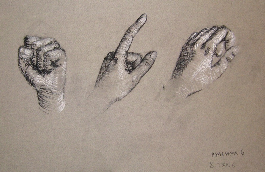 Student cross contour drawing on paper, using curved lines that follow the surface of a three-dimensional form in relation to the line of sight, rendered in charcoal, graphite, vine charcoal, or colored pencil