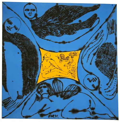 Emma Kohlmann, untitled, acrylic on linen, figure emerging from a rich saturated colored ground