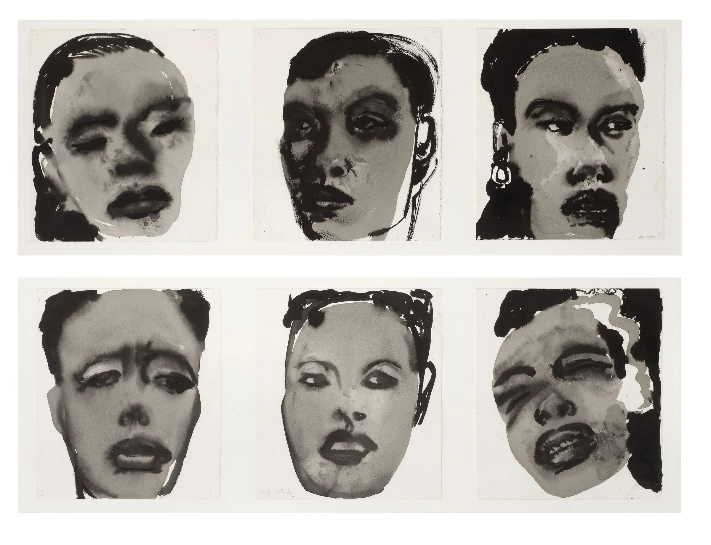 Marlene Dumas, ink wash portrait from the Models series, simplified frontal face with pale tones and minimal features