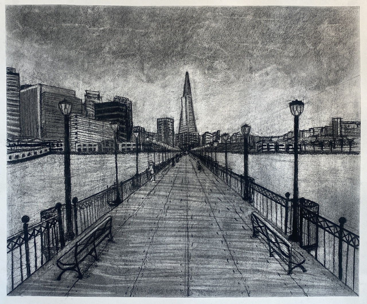 Student one-point linear perspective drawing on paper, showing converging orthogonal lines leading to a single vanishing point within the composition, rendered in charcoal, graphite, or colored pencil