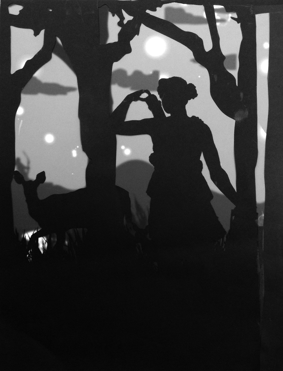 Student artwork, figure in environment, digital print with collaged cut black paper repoussoir in foreground