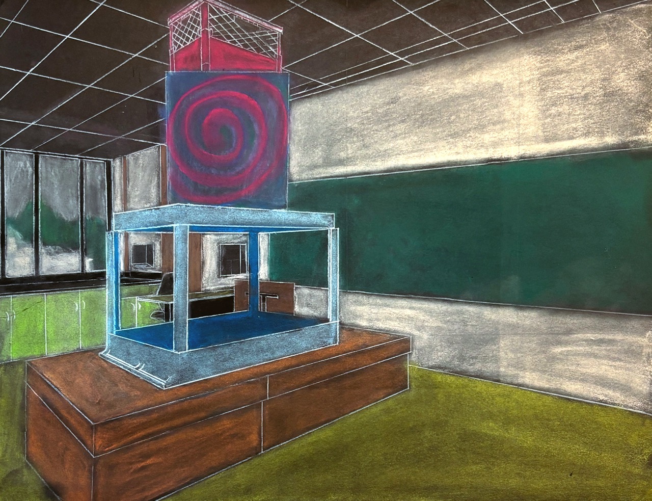 Student two-point linear perspective drawing on paper, showing a corner-based composition with parallel edges converging toward vanishing points to the left and right, rendered in charcoal, graphite, or colored pencil